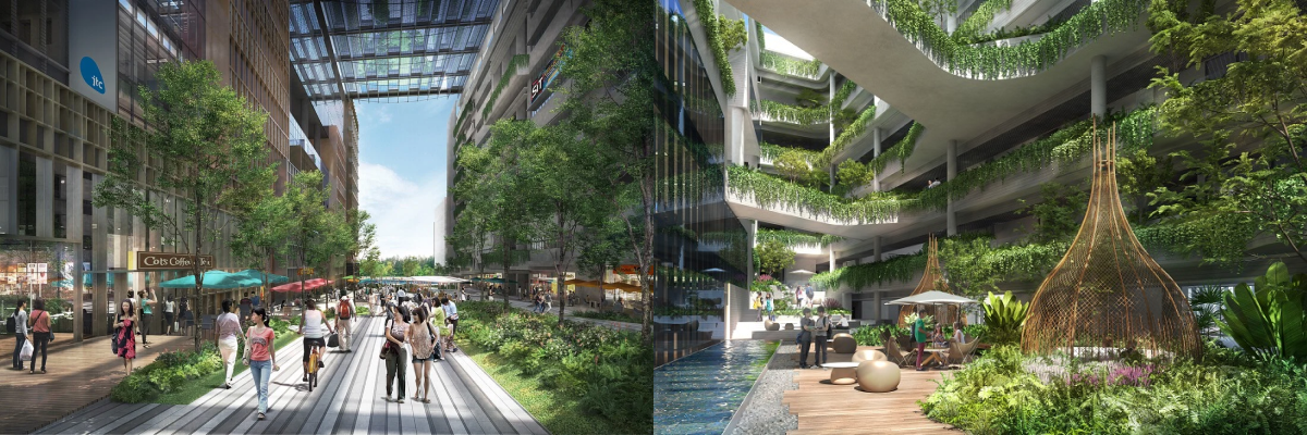 Two renderings of a green urban development with tree-lined walkways, lush terraced balconies, and people strolling outdoors.